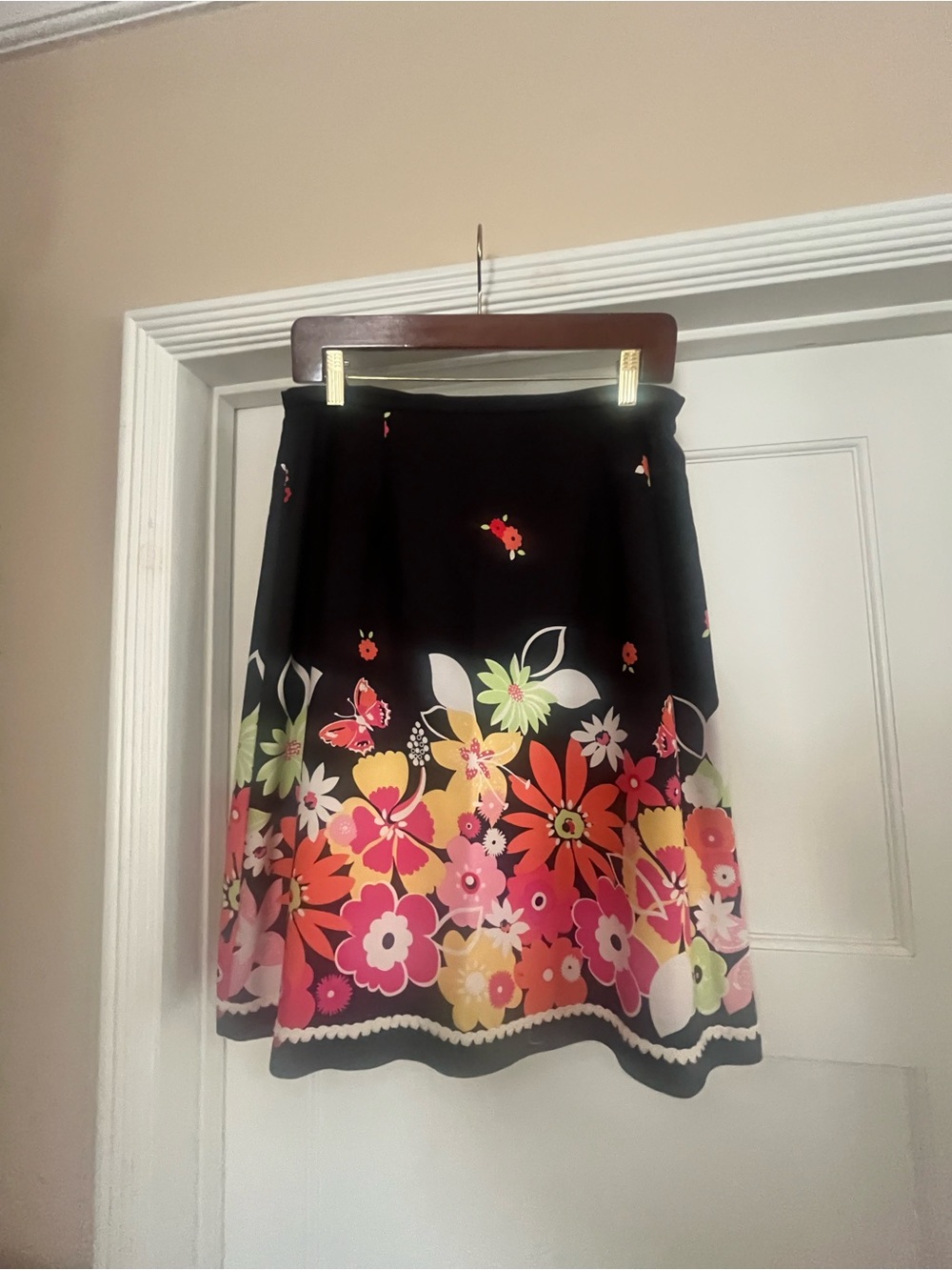 Bamboo Traders Black A-Line Skirt with Pink, Orange, Yellow & Green Floral Hem